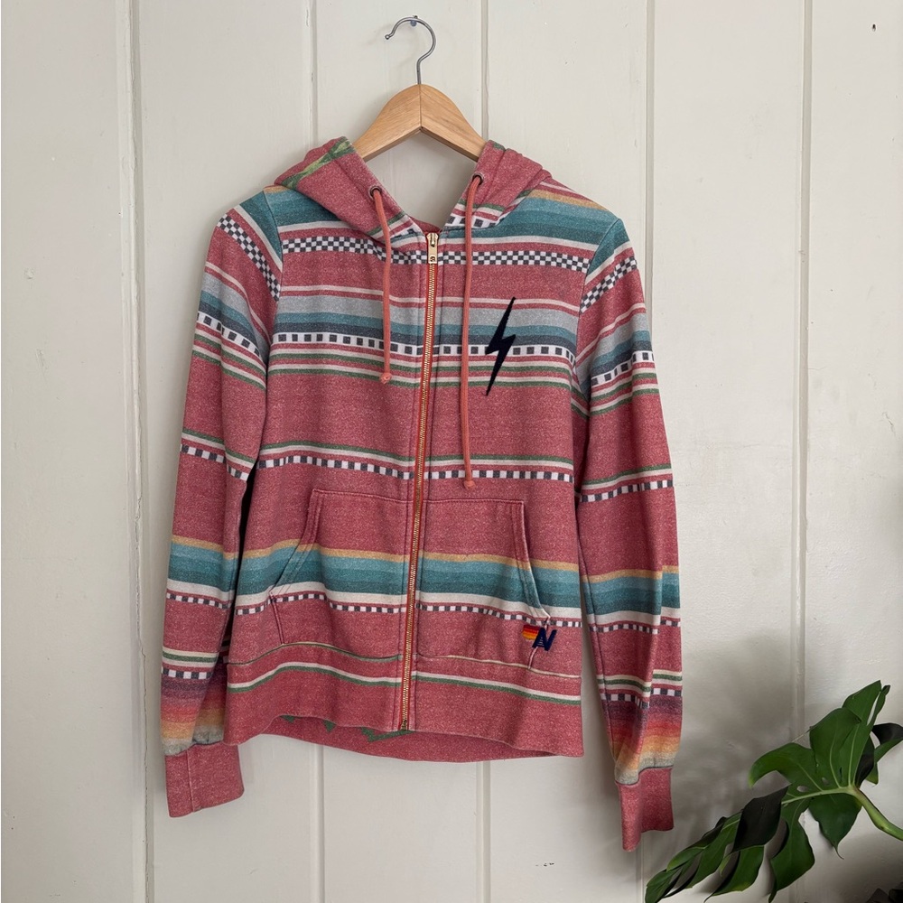 Aviator Nation Pink and Green Zip-Up Hoodie